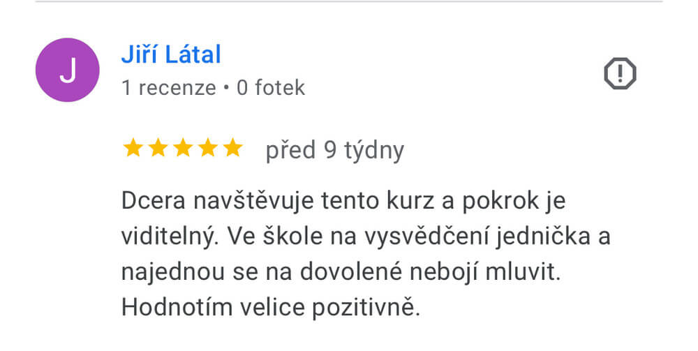 Reference na kurz angličtiny jazykové školy Top English, lektorky Ivany Bártkové. Jiří Látal říká: Dcera navštěvuje tento kurz a pokrok je viditelný. Ve škole na vysvědčení jednička a najednou se na dovolené nebojí mluvit. Hodnotím velice pozitivně.