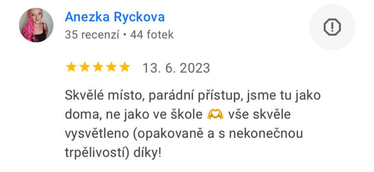 Reference na kurz angličtiny jazykové školy Top English, lektorky Ivany Bártkové. Anežka Ryčková říká: Skvělé místo, parádní přístup, jsme tu jako doma, ne jako ve škole. Vše skvěle vysvětleno (opakovaně a s nekonečnou trpělivostí) díky!